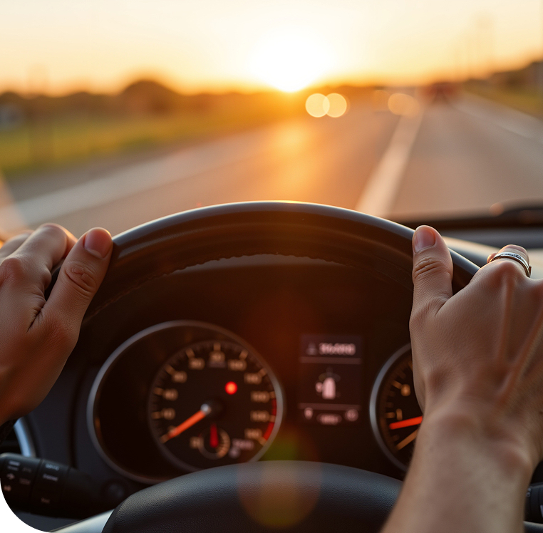 Conducente con entrambe le mani sul volante mentre guida su una strada extraurbana al tramonto